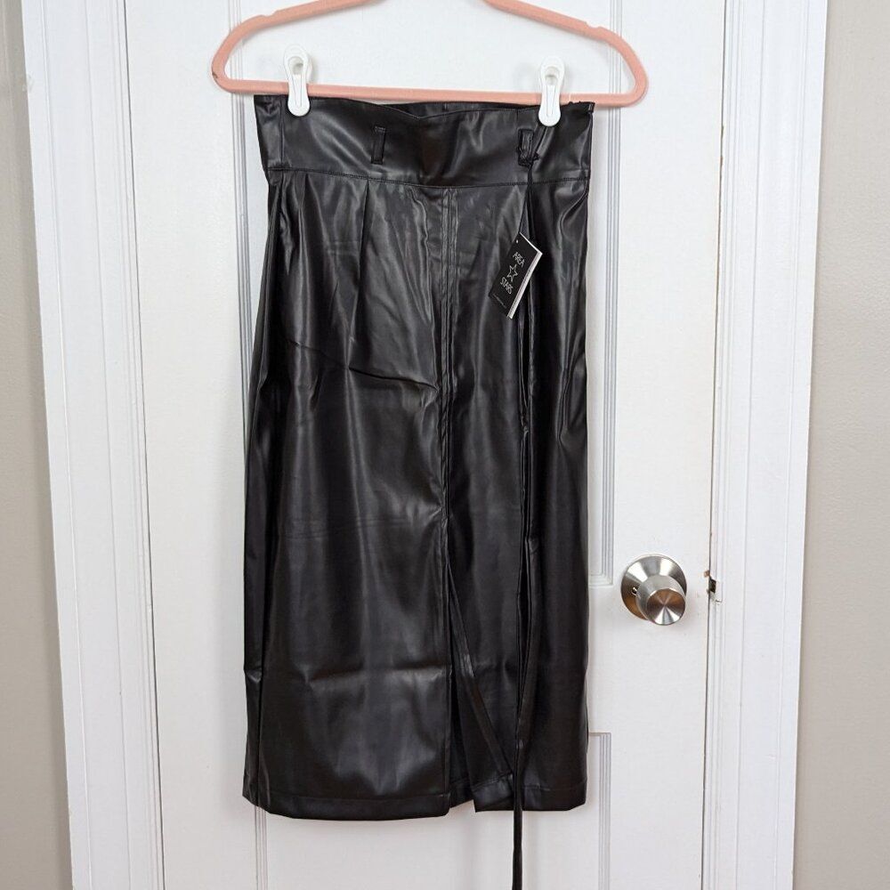 Area Stars | Black Faux Leater Pleather Belted Midi Skirt Size Small